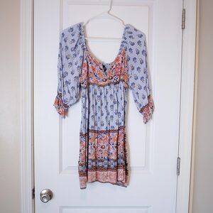 Boho Peasant Mini Dress Empire Waist Floral Print Stretch Festival L True Spring